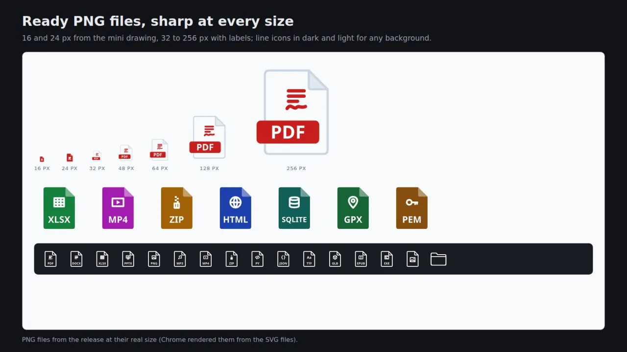 The PDF icon as PNG at 16, 24, 32, 48, 64, 128 and 256 pixels, seven flat icons and light line icons on dark