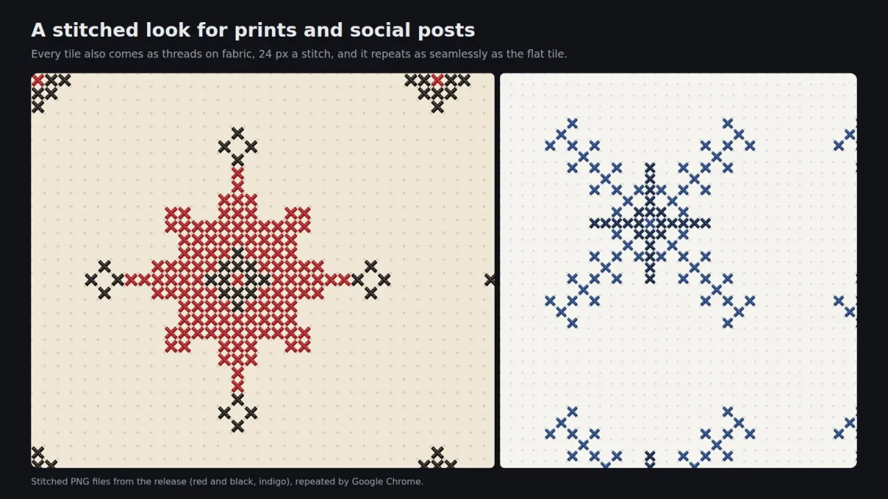 A red and black star and a blue comb star drawn as cross stitches on fabric