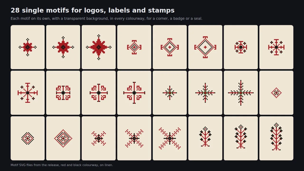 Twenty-four single motifs: stars, rhombs, elbetitsa signs, horns, crosses and trees