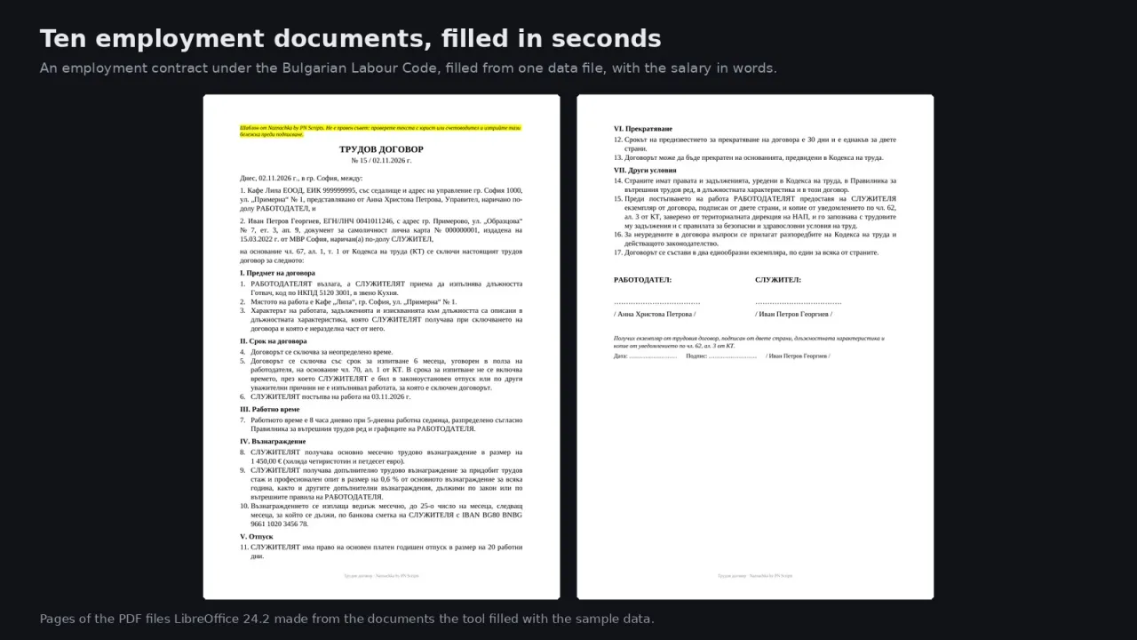 Both pages of an employment contract filled by Naznachka with sample data
