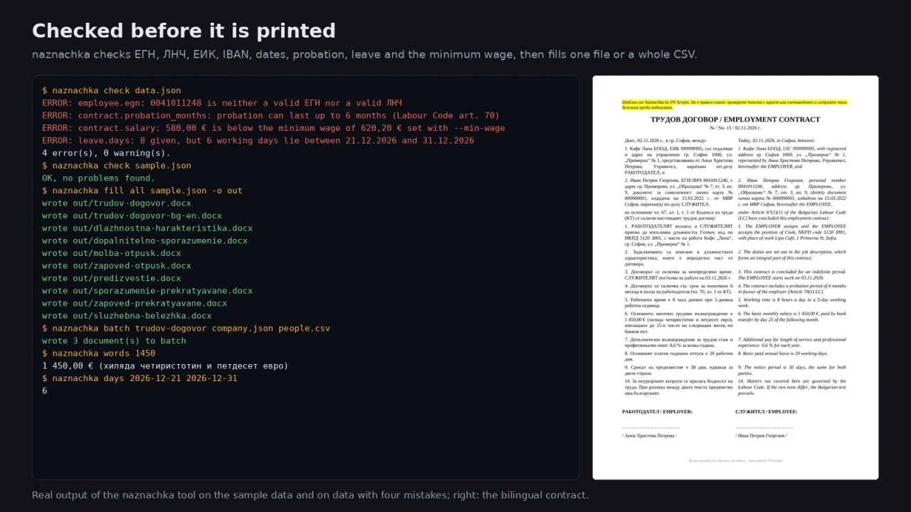 Terminal output of naznachka finding four mistakes and filling all documents, next to the bilingual contract