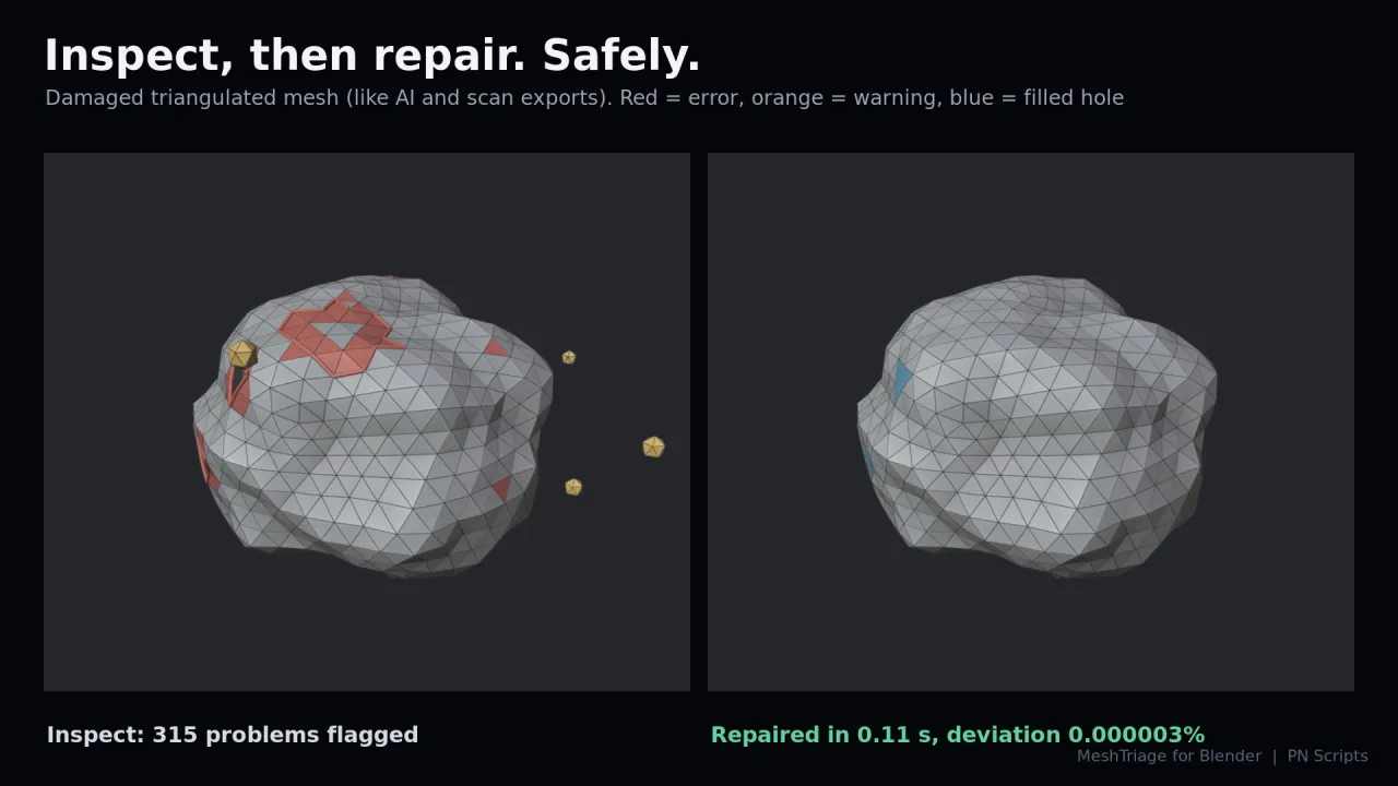 A damaged triangulated mesh with 315 problems flagged, and the same mesh after repair