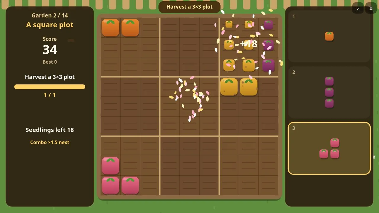 A row being harvested in a burst of petals with a score pop-up