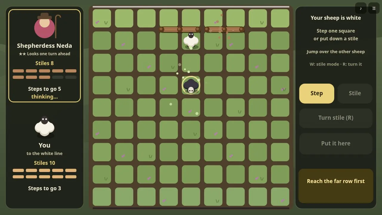 A nine by nine moor with a white and a black sheep and glowing squares for the next step