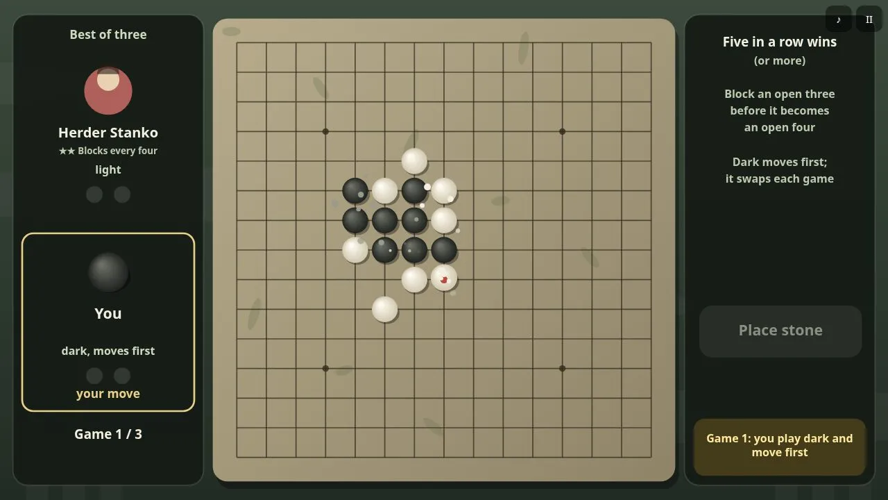 A granite board with dark and light stones and the match score in the side panel