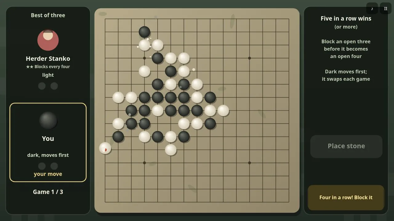 A tense middle game with several threes on the board