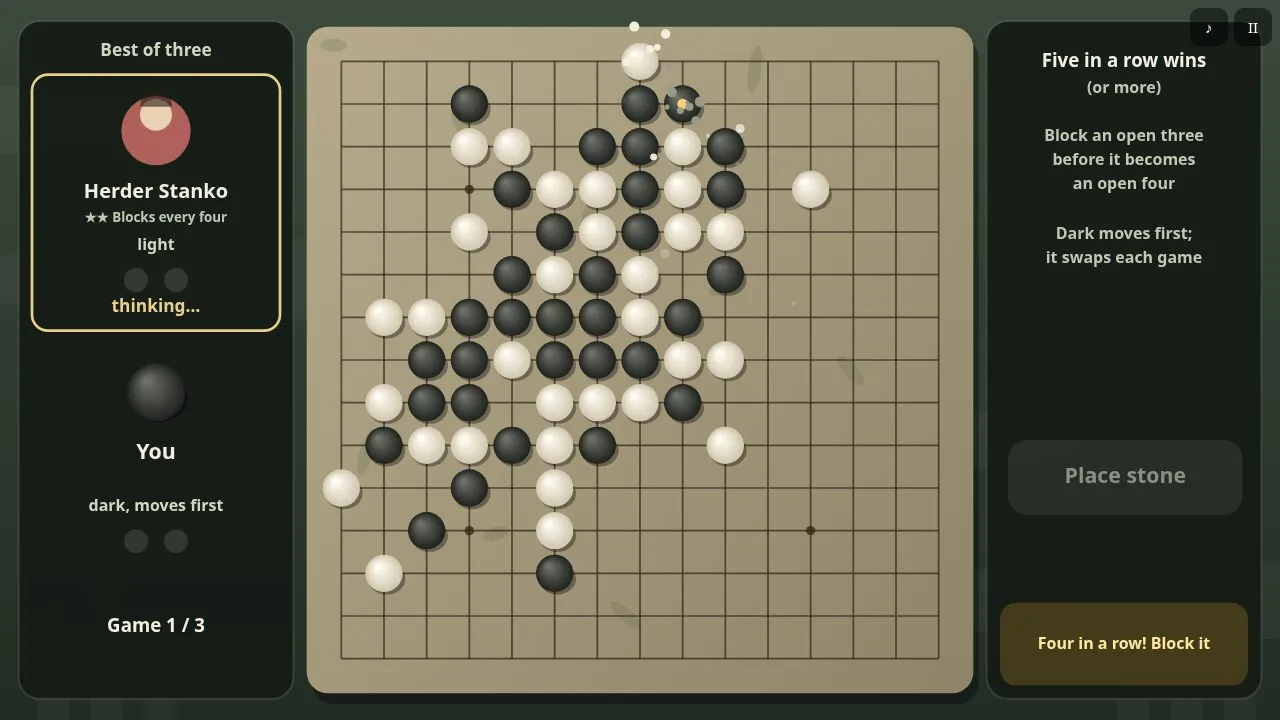 A winning row of five glowing across the board