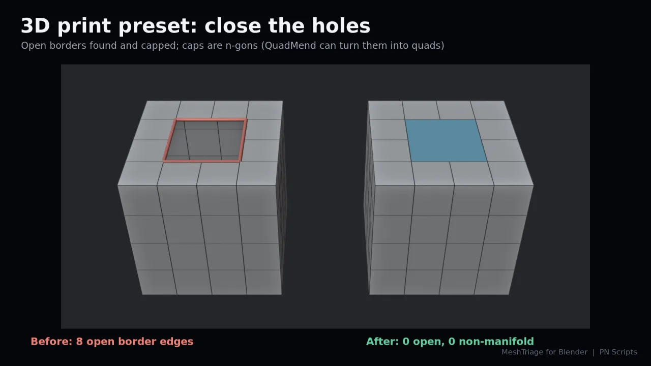 A cube with an open hole before, and capped with no open or non-manifold edges after