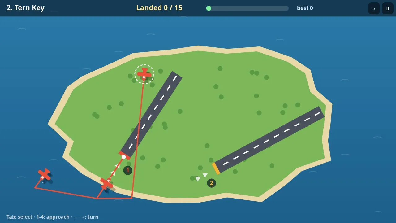 A small island with one runway and red planes following drawn paths
