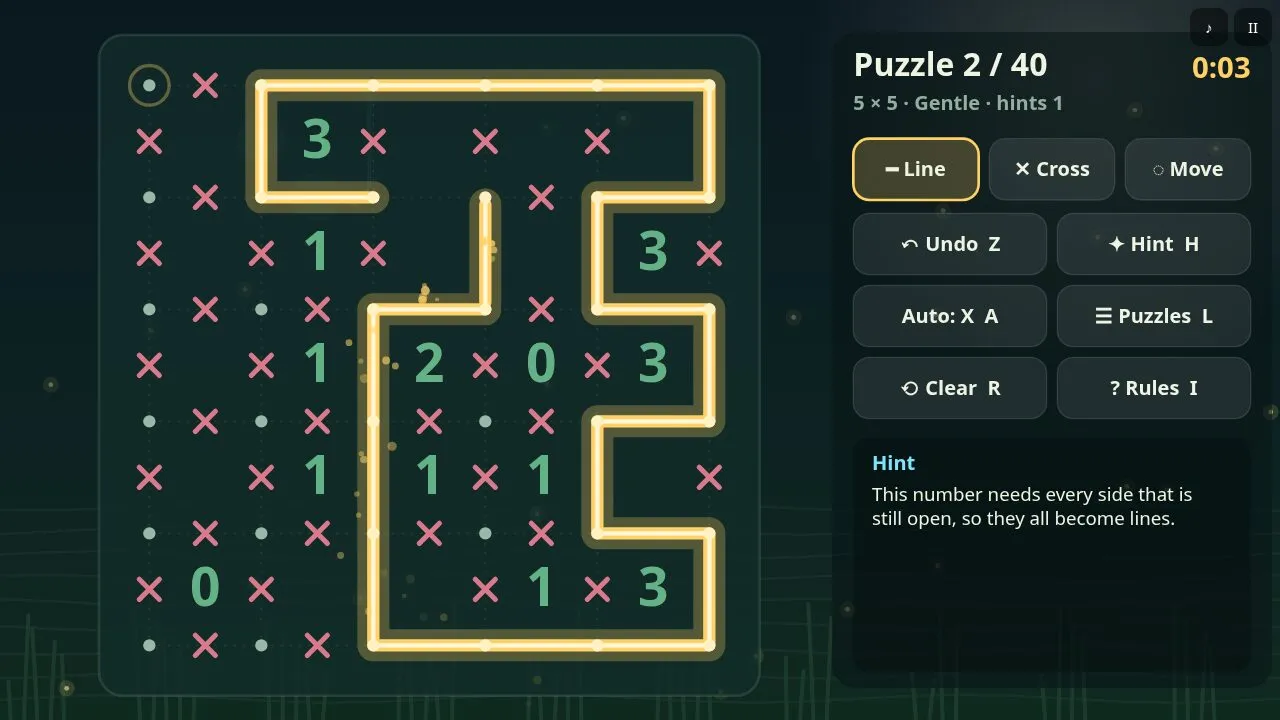 A 5x5 marsh puzzle with a glowing partial loop, X marks and a hint box
