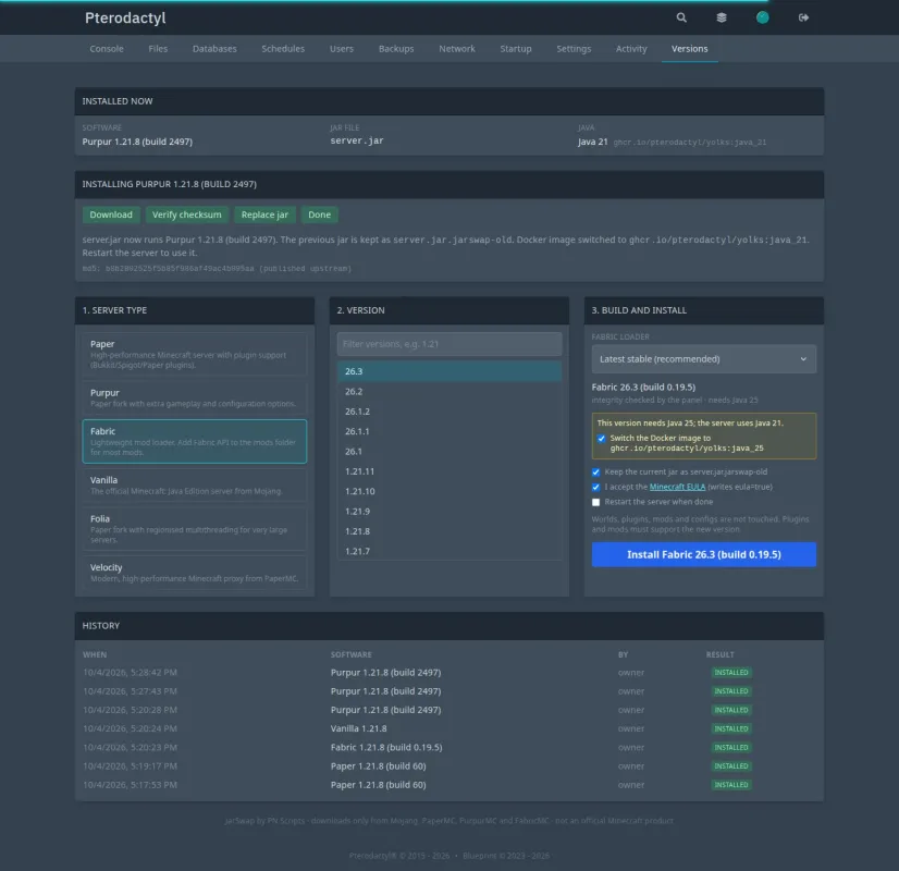 The Versions tab with server type, version and build columns and the install button