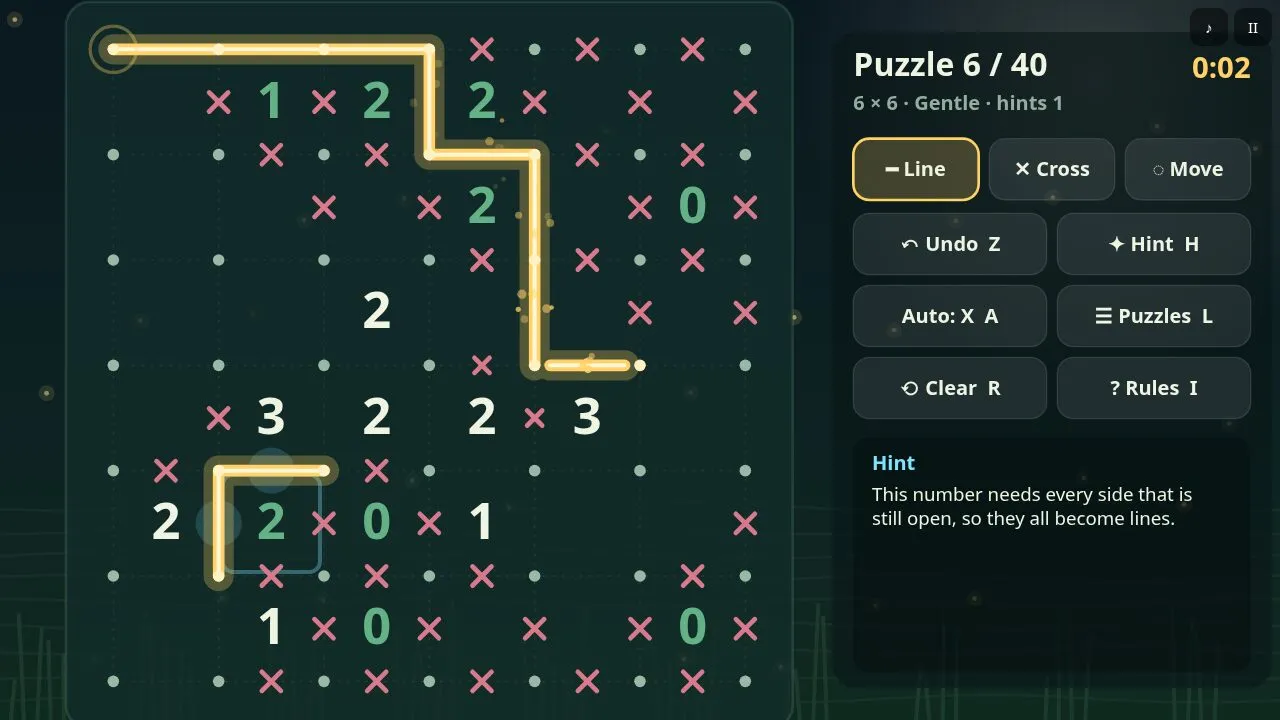 A larger puzzle with most of the loop drawn and satisfied numbers in green