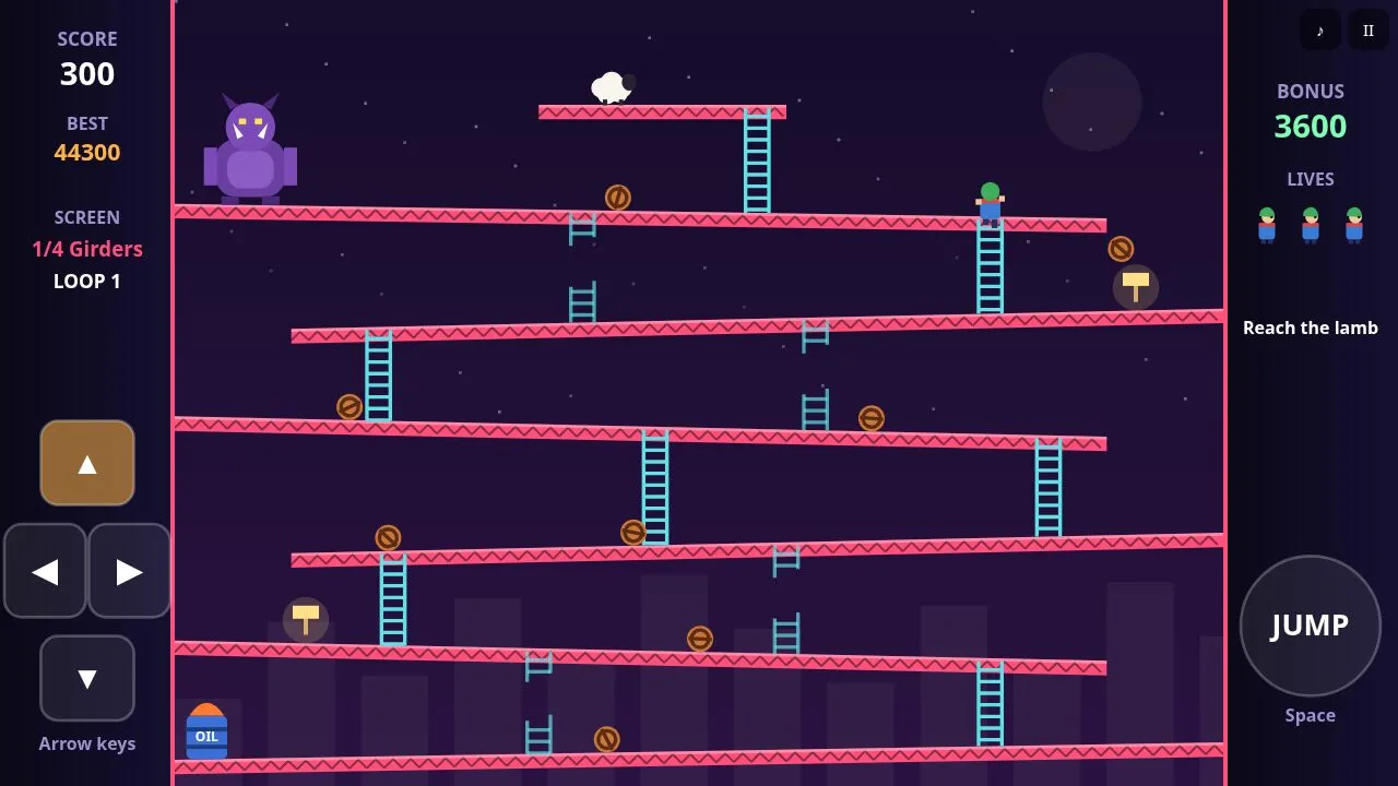 The shepherd climbing magenta sloped girders while barrels roll down from the horned ogre at the top left