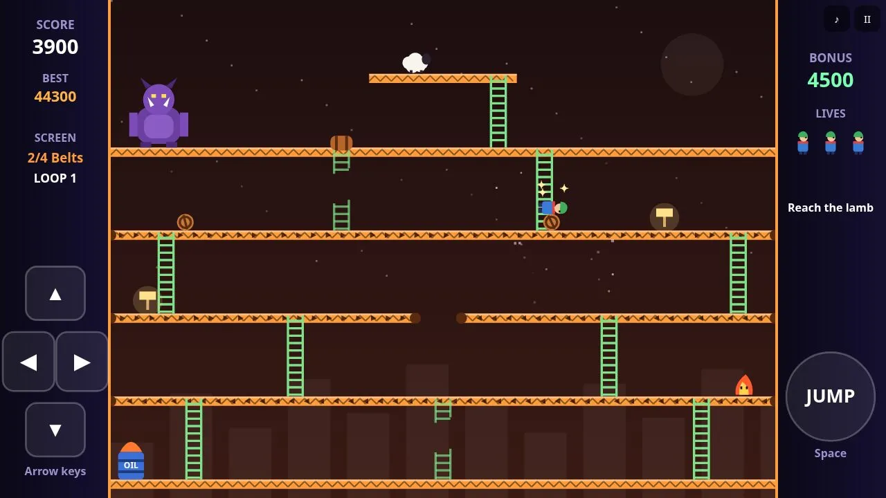 Orange conveyor belts with arrow markings carrying barrels while a flame wanders on the lower floor