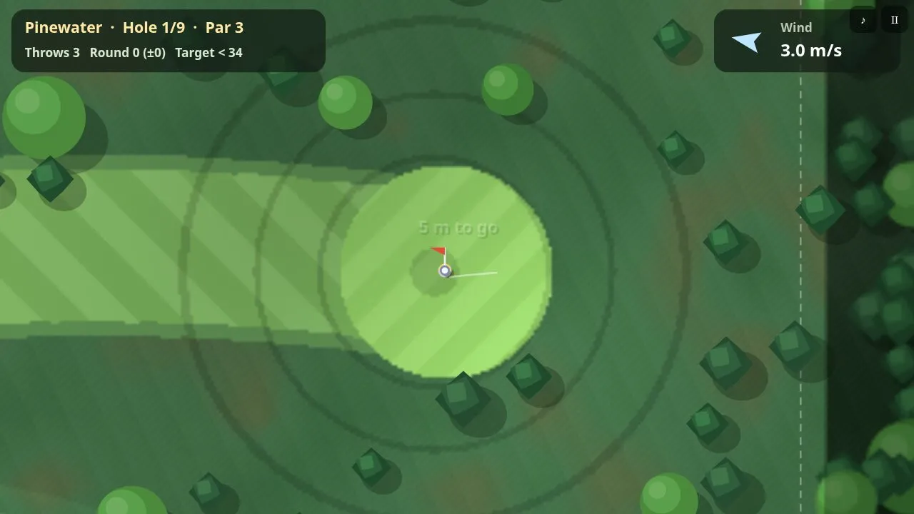 A tee shot lined up on a heath fairway with the dotted flight start, disc and curve buttons