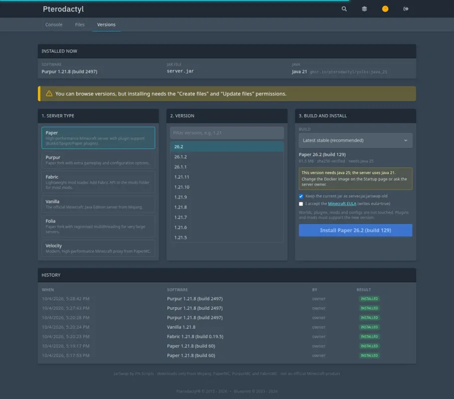The Versions tab for a subuser without file permissions, with a notice that installing needs them