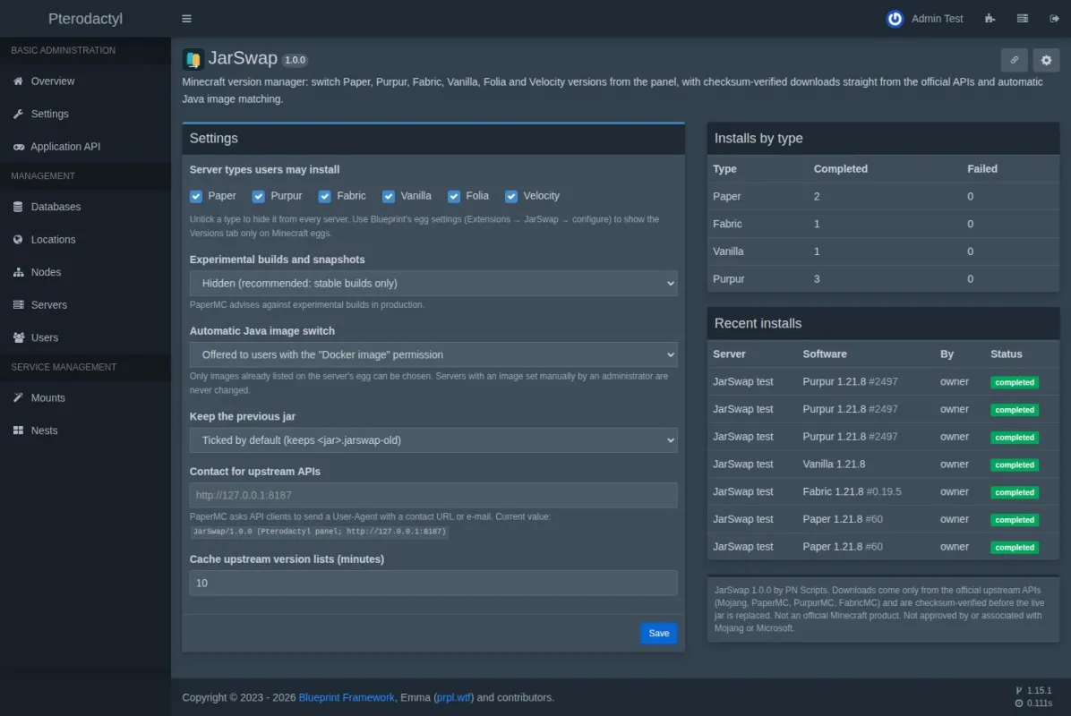 The admin page with server types, experimental builds, Java switching and install statistics