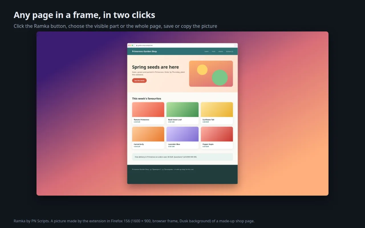 A made-up shop page framed by Ramka in a light browser window on a purple to peach gradient