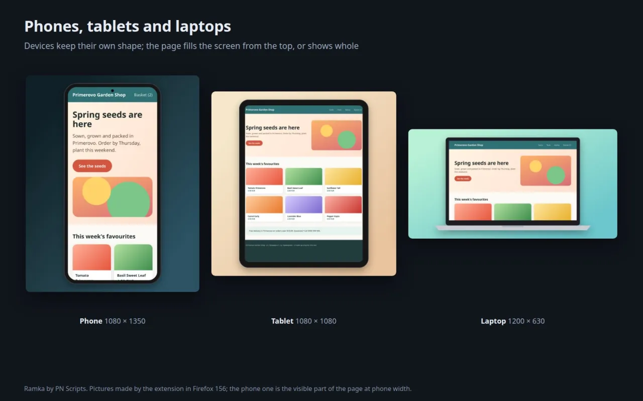 The same page in a phone, a tablet and a laptop frame, at three post and preview sizes