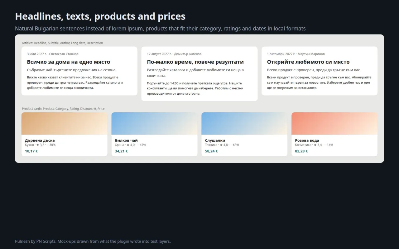 Bulgarian article cards with headlines, authors and dates, and product cards with categories, ratings and prices