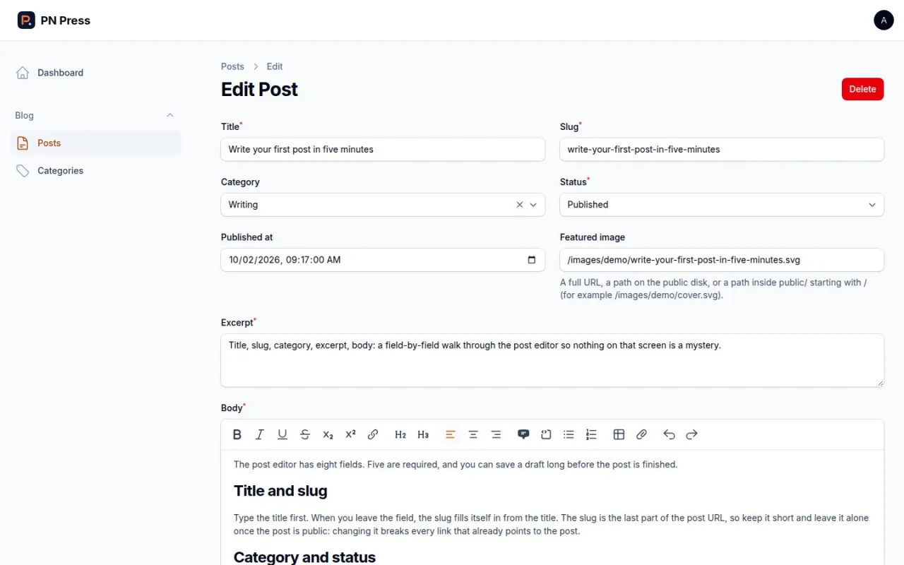 PN Scripts Press admin: editing a post with title, slug, category, status, publish date, featured image, excerpt and a rich text body.