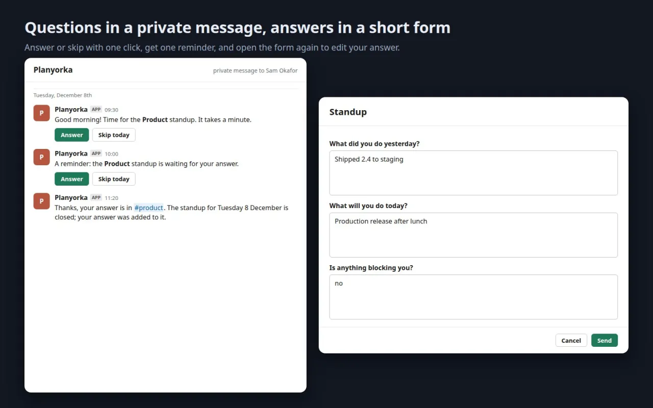 Private messages with Answer and Skip today buttons, a reminder and a thanks, next to the answer form