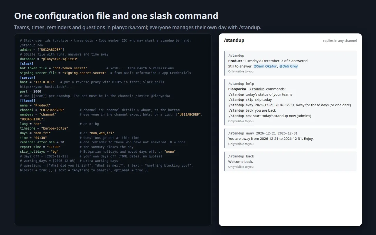 The planyorka.toml configuration and the replies to the /standup commands