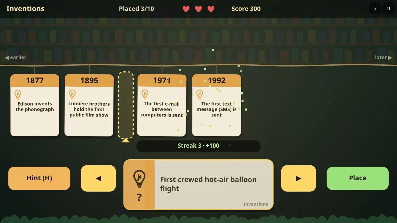 A timeline of event cards hanging on a rope with a glowing gap and a new card below