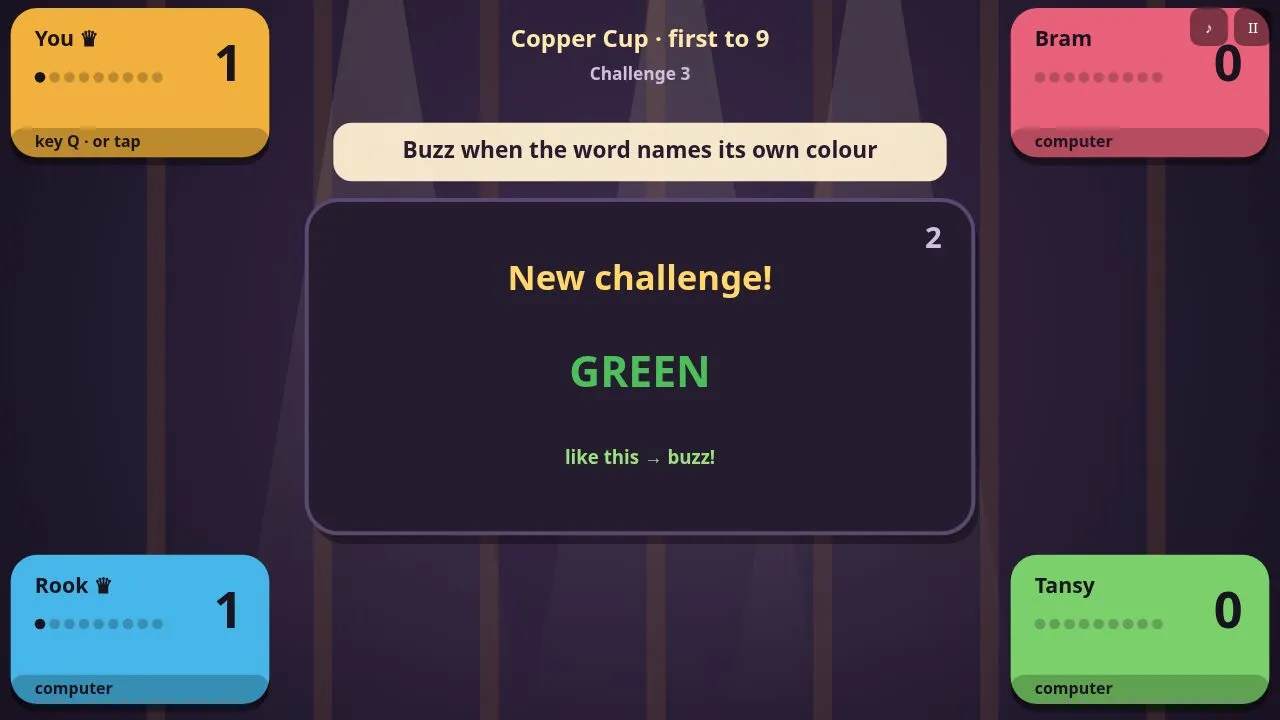 Four coloured buzzer pads in the corners and a stage with two cards
