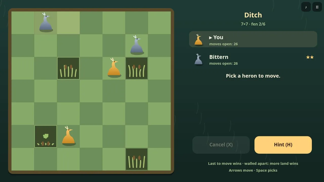 A small green board with amber and slate heron queens and the first thickets
