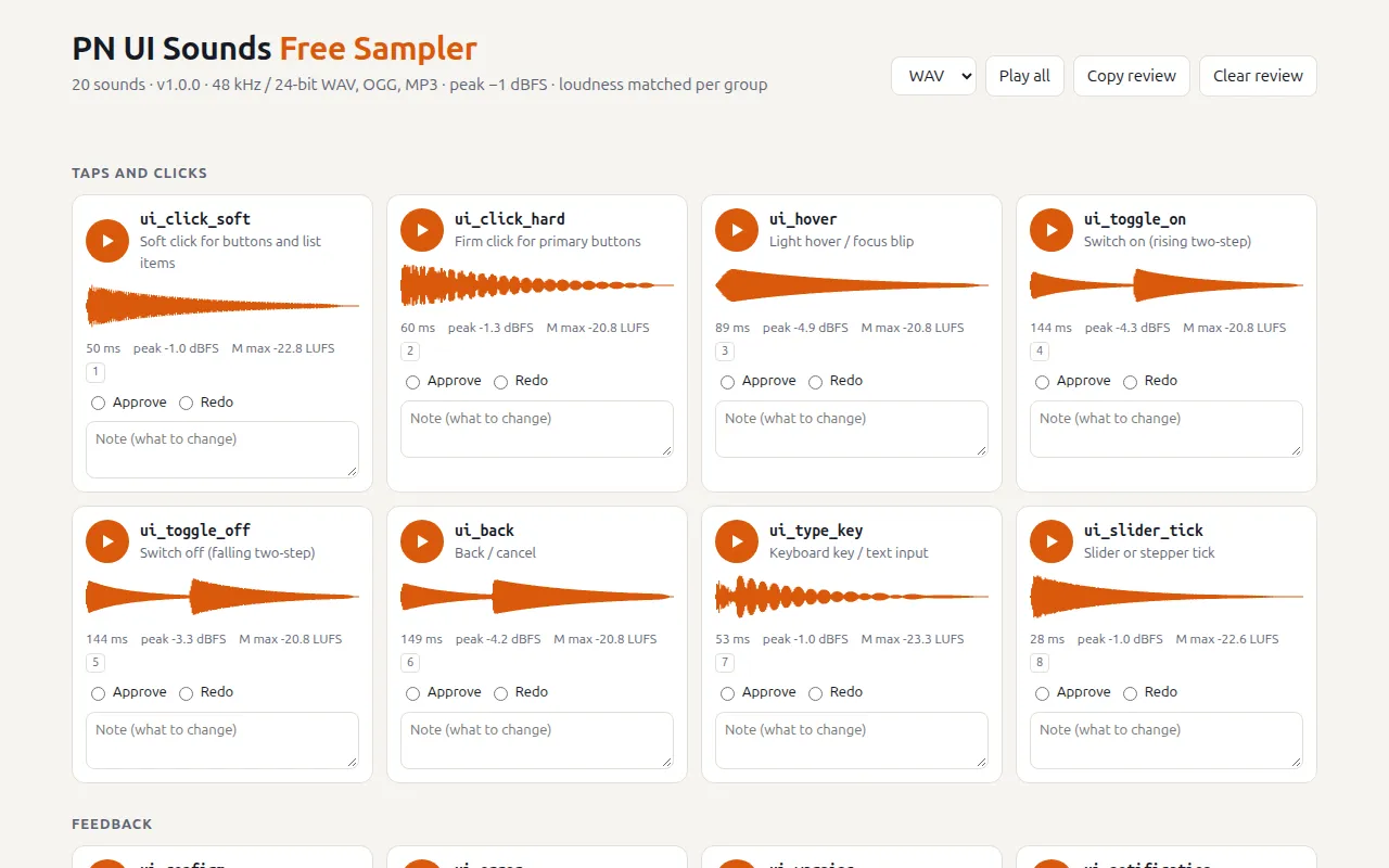 The pack preview page listing the sounds with a play button, a waveform, length, peak and loudness for each