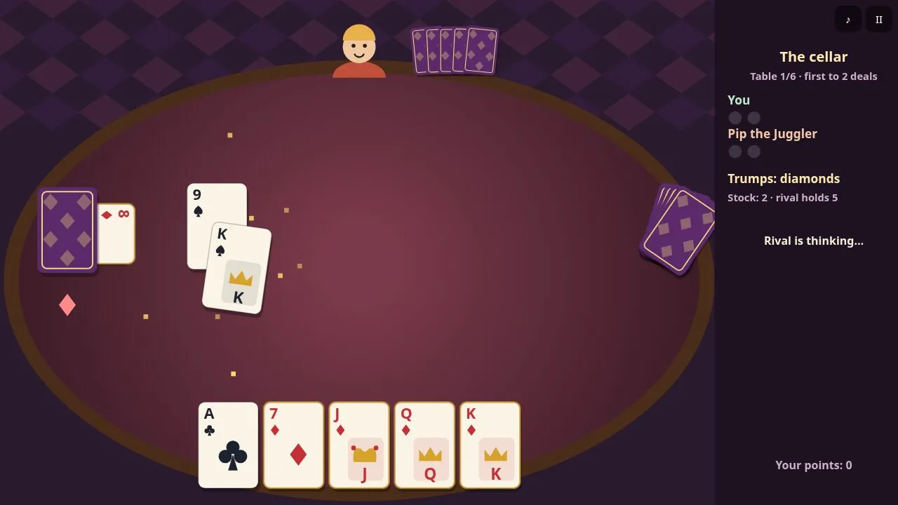 A jester's inn table with an attack and a defence card, the trump under the stock and a hand of raised cards