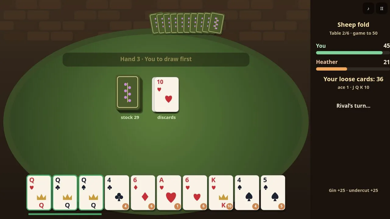 The end of a hand with both hands laid out, lay-offs and the points scored