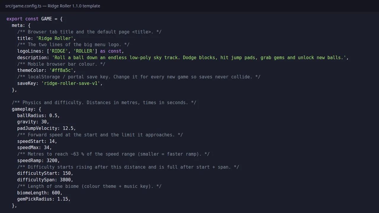 The src/game.config.ts file of the template with the title, logo, save key and gameplay values
