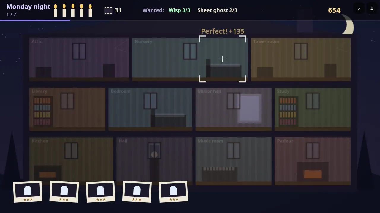 The manor cross-section at night with a sheet ghost and a wisp