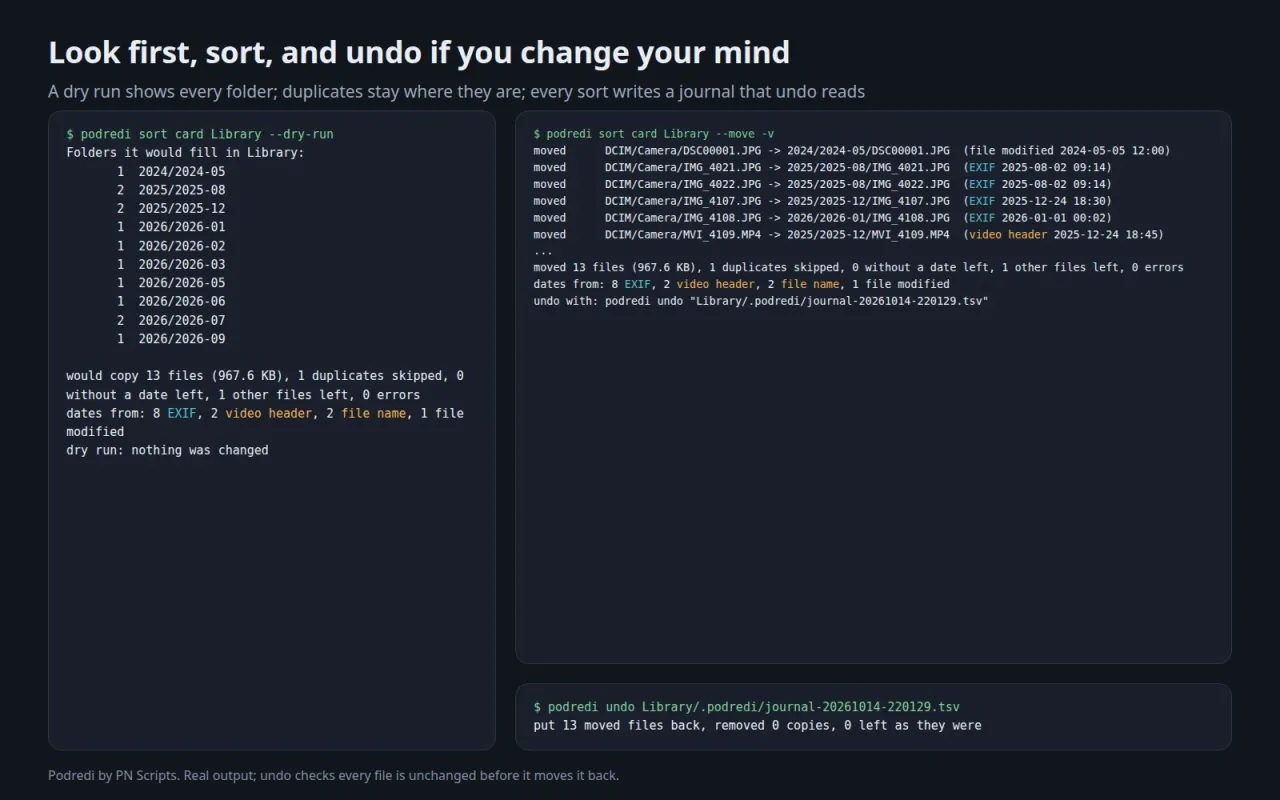 A dry run listing the folders, a verbose move with the date source of each file, and undo putting 13 files back