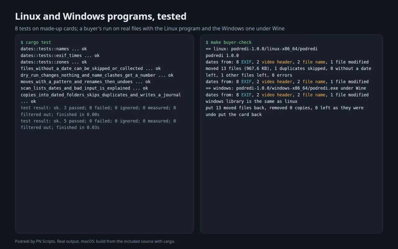 8 passing tests and the buyer check: the Linux program and the Windows program under Wine make the same library, then undo