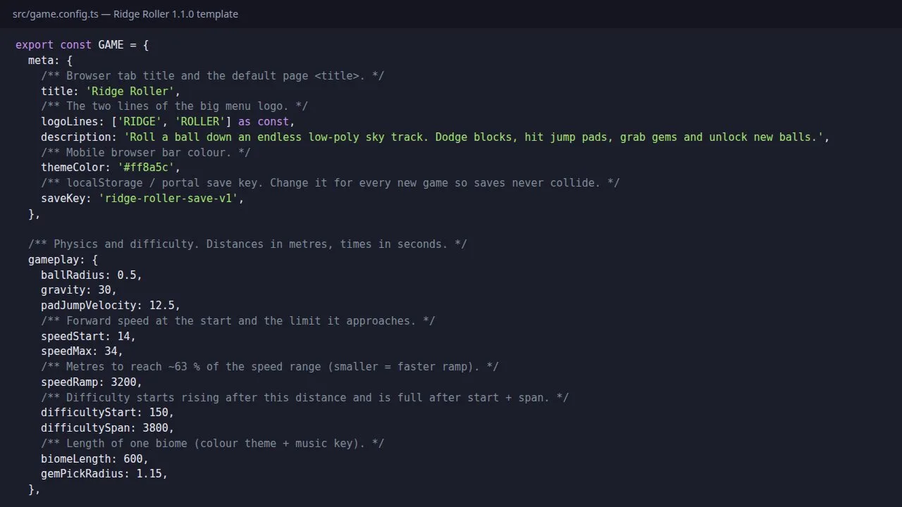 The src/game.config.ts file of the template with the title, logo, save key and gameplay values