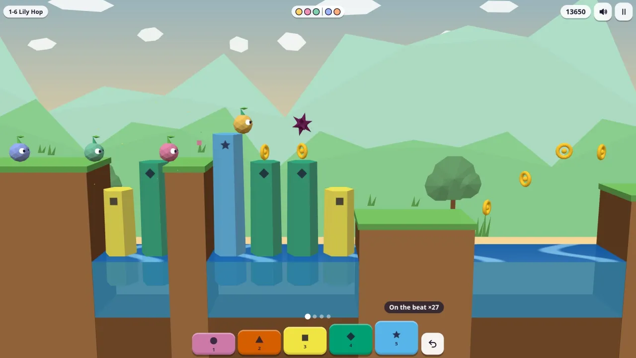 Songbridge in play: round creatures cross a river on coloured stepping stones raised by the note pads