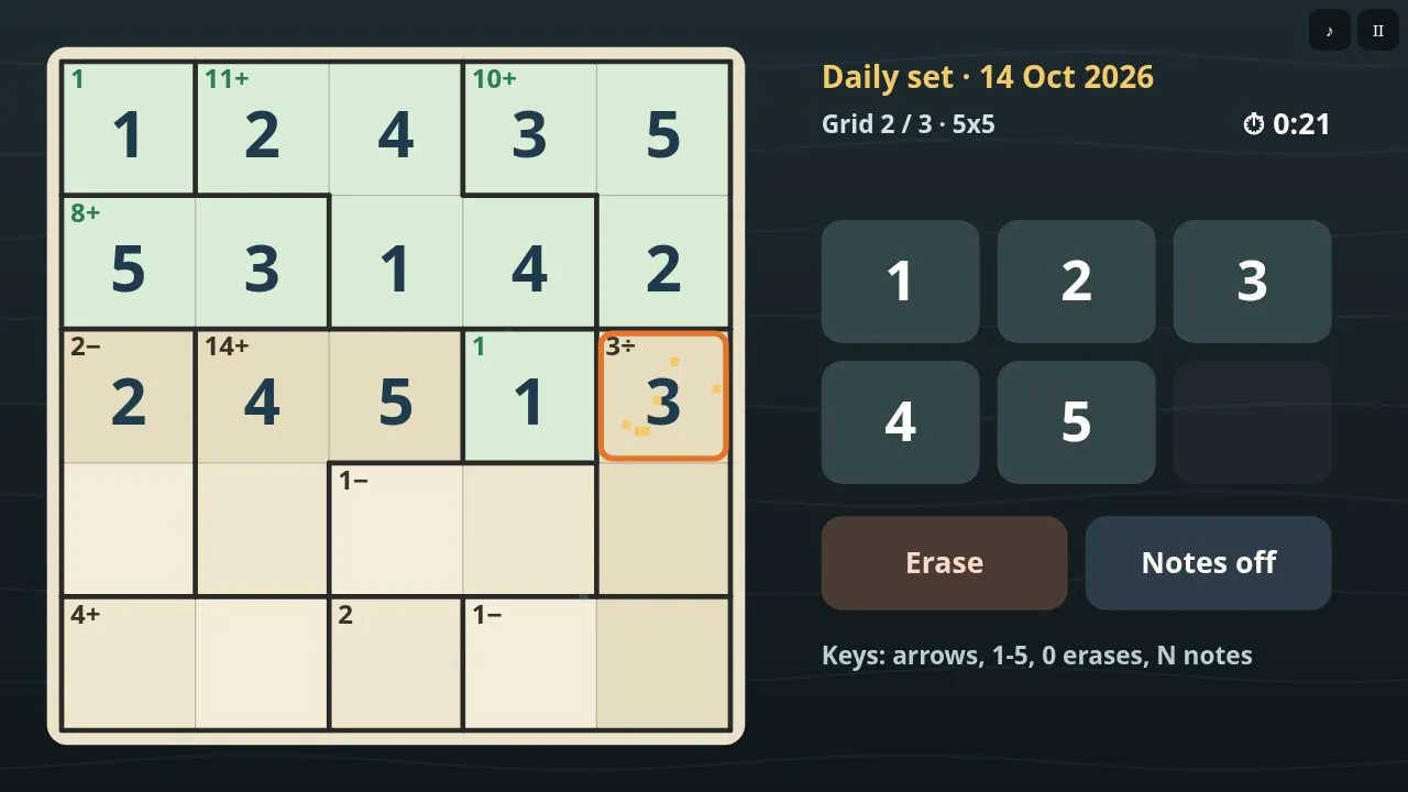 A 5x5 grid with green finished cages