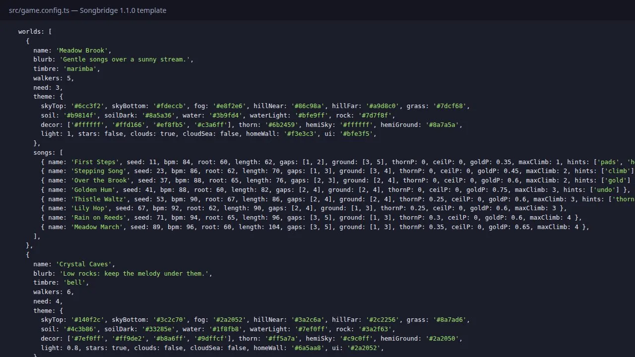 The src/game.config.ts file of the template with worlds and songs
