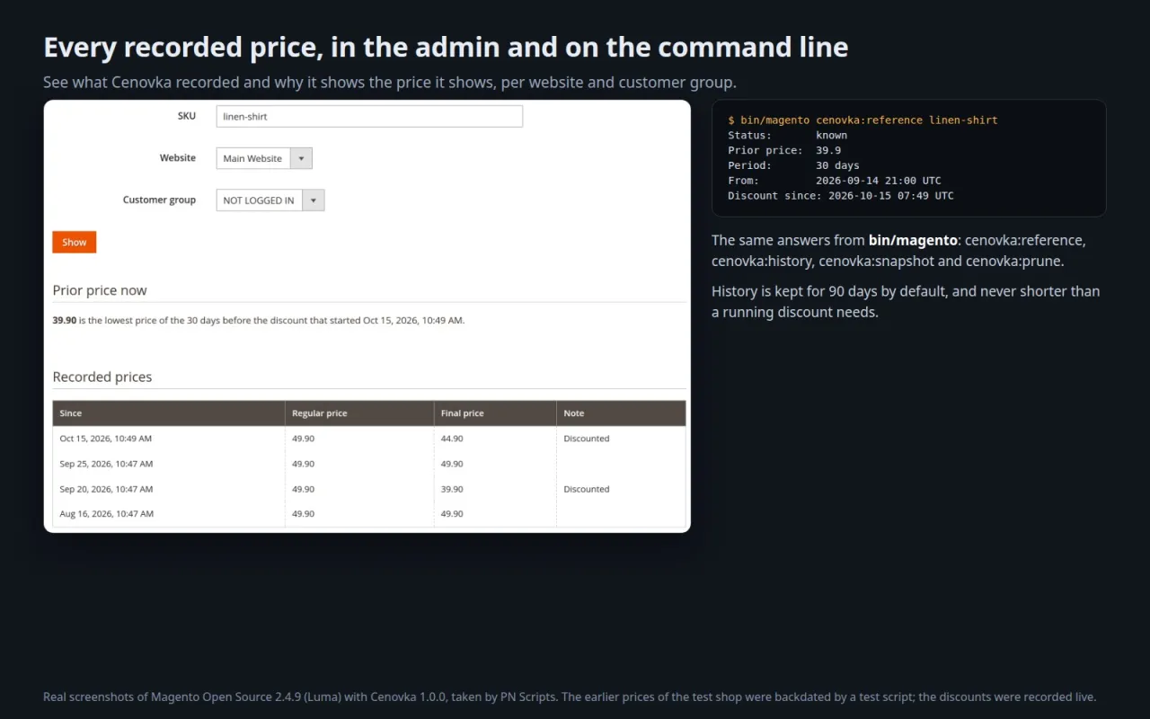 The recorded prices of the shirt in the admin, with the prior price, next to the output of bin/magento cenovka:reference