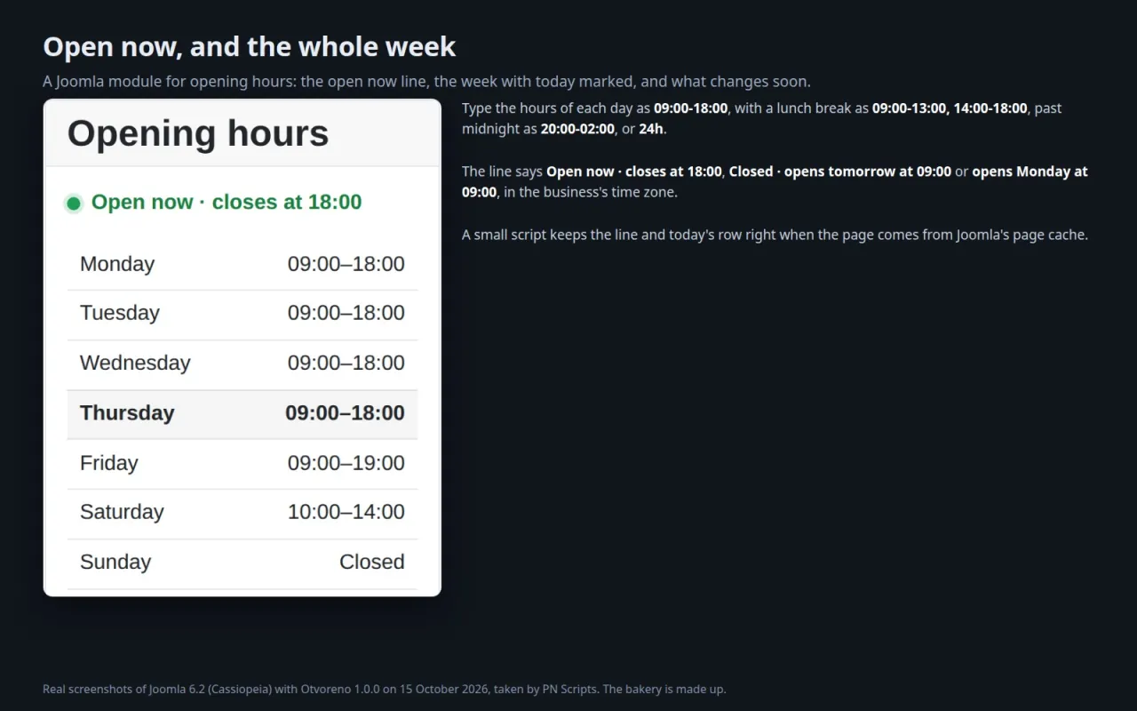 The Otvoreno module in a Joomla sidebar: Open now, closes at 18:00, and the week with Thursday marked