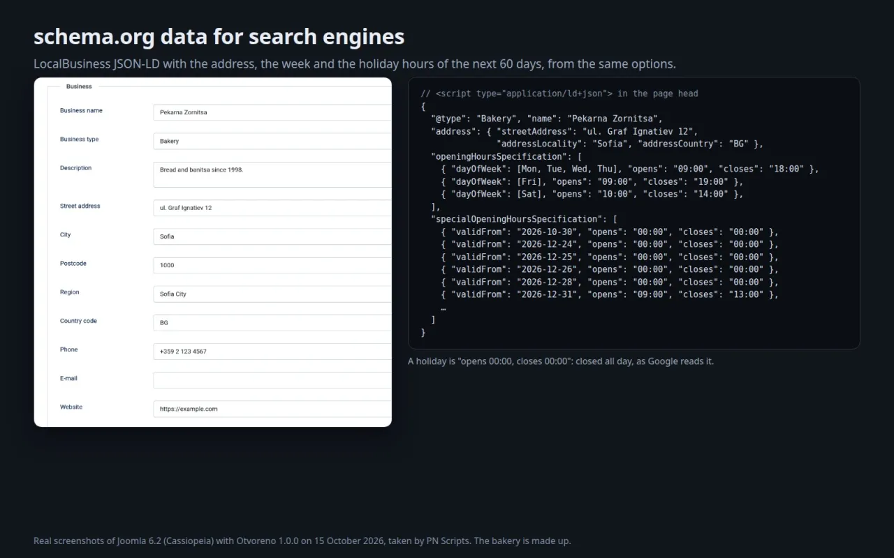 The Business tab of the module and the schema.org LocalBusiness JSON-LD it adds, with weekly and holiday opening hours