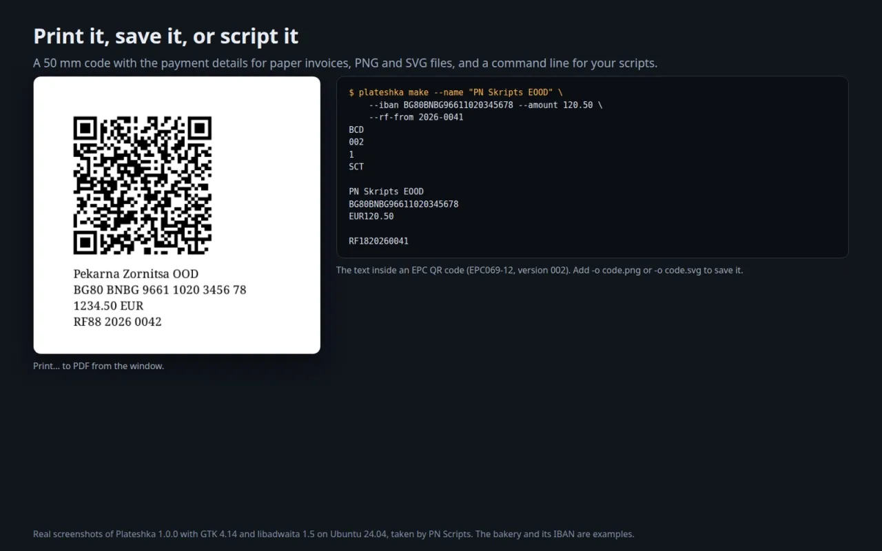 A printed page with a 50 mm code and the payment details, next to the plateshka make command and the text of the code