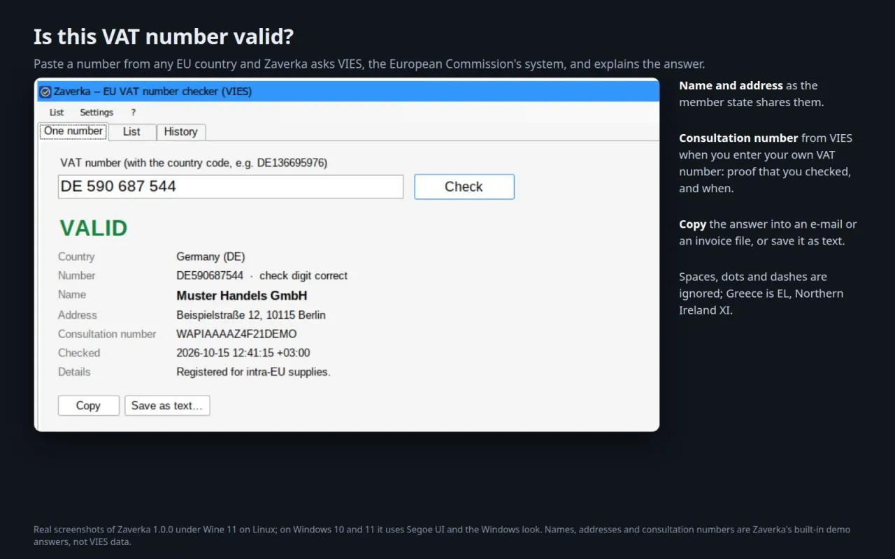 The Zaverka window with a German VAT number marked valid, the demo company name and address and a consultation number
