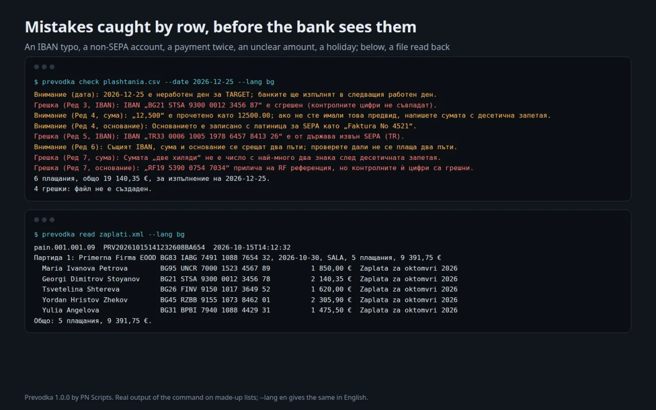 The check command in Bulgarian listing an IBAN typo, a Turkish IBAN outside SEPA, a duplicate payment, an unclear amount, a wrong RF reference and a holiday date, then a file read back