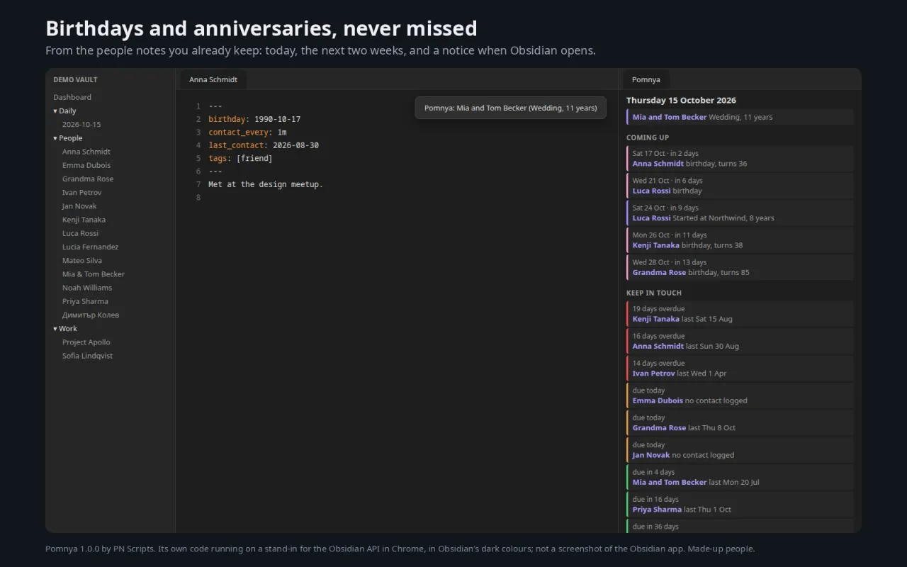 Pomnya's sidebar next to a person note: a wedding anniversary today, five birthdays and anniversaries in the next two weeks and a keep-in-touch list