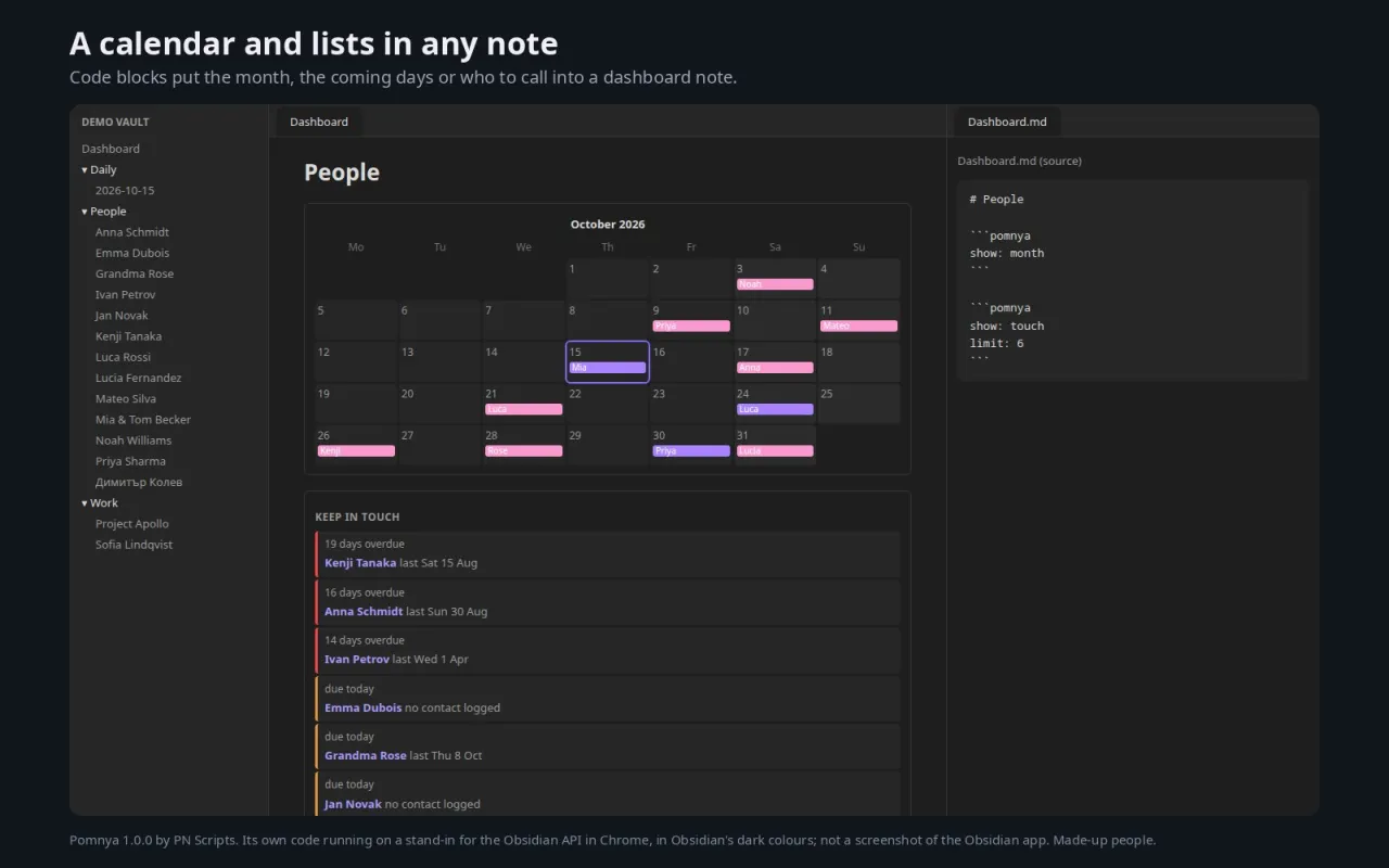 A dashboard note with an October month calendar of birthdays and anniversaries and a keep-in-touch list, made by two pomnya code blocks