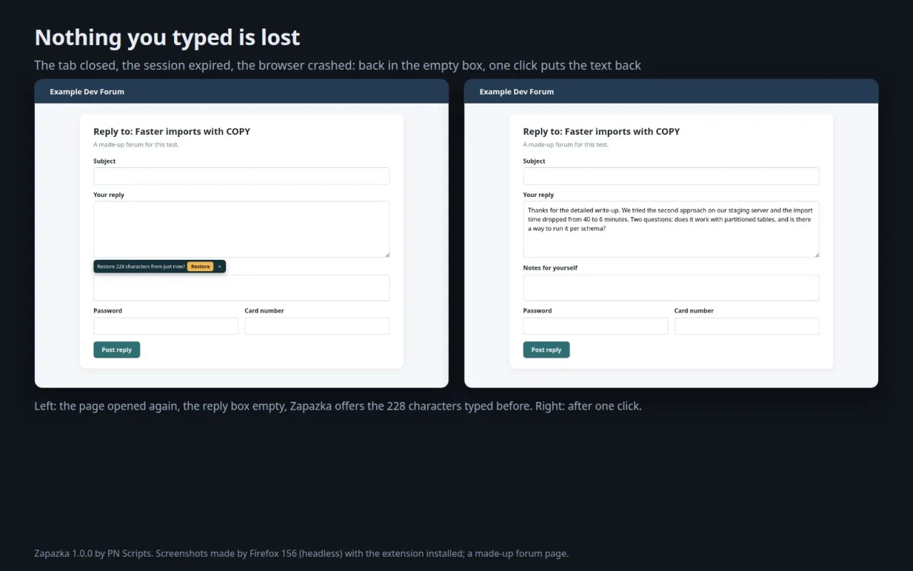 Two Firefox screenshots of a made-up forum: the empty reply box with Zapazka's Restore chip, and the reply back after one click